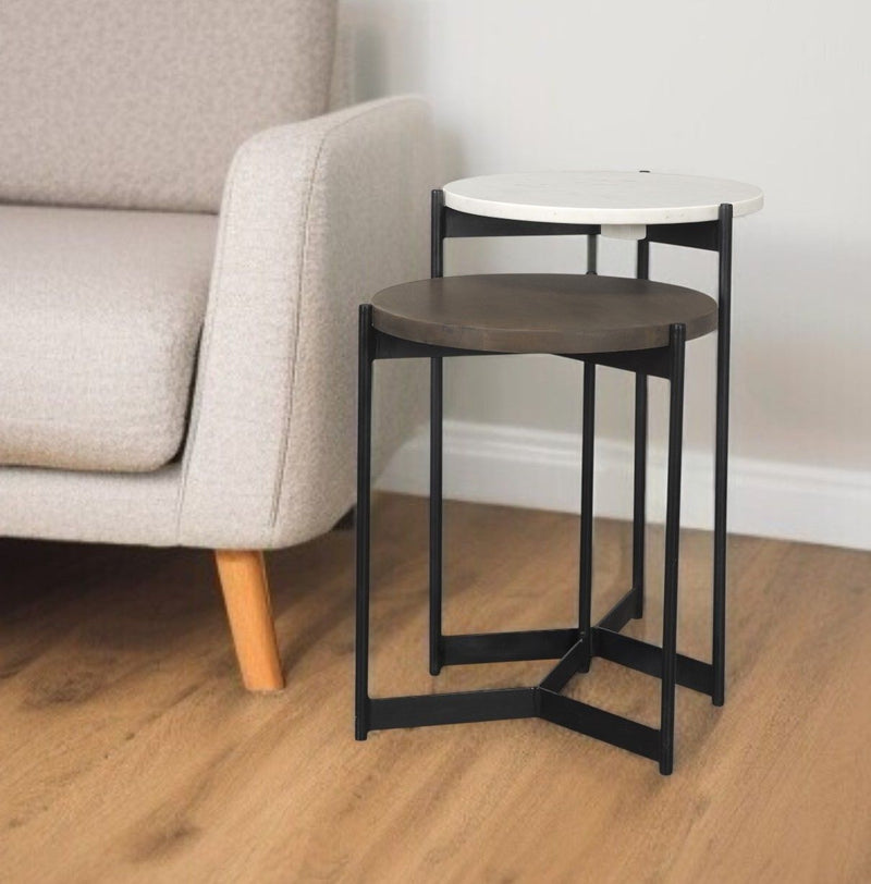 Marble Solid Wood And Metal Round Nested Tables (Set of 2) - Black And Dark Brown