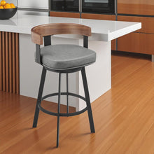 Load image into Gallery viewer, 26" Faux Leather And Iron Low Back Counter Height Swivel Bar Chair - Gray / Walnut
