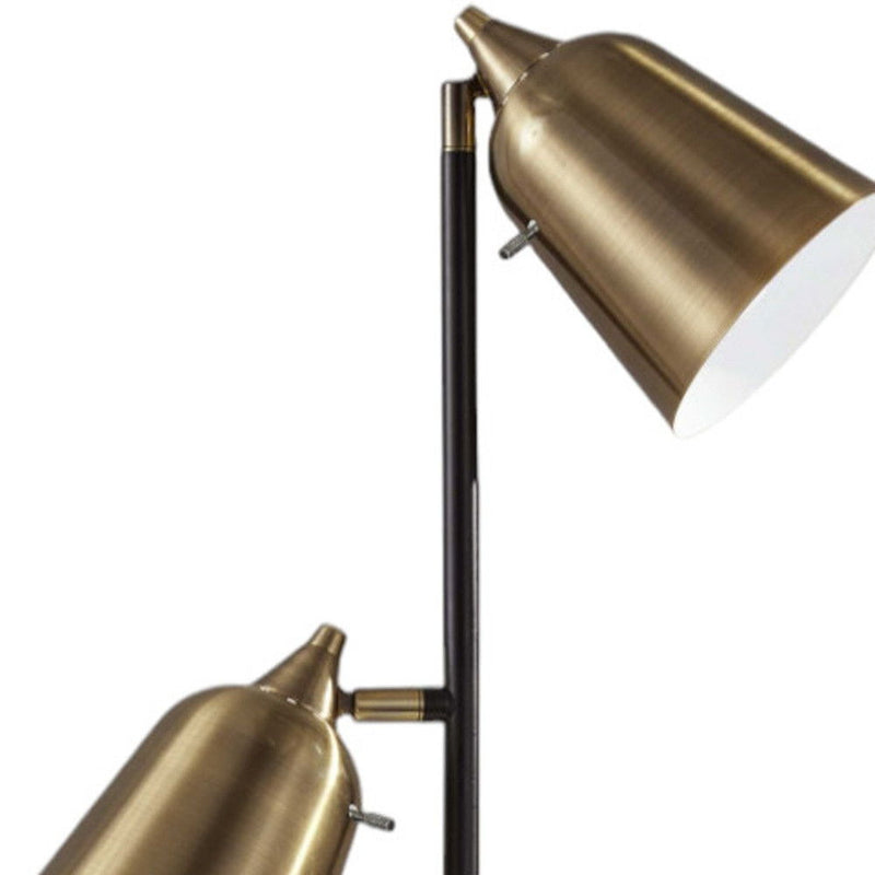 Two Light Floor Lamp With Antiqued Brass Cone Shades - Black