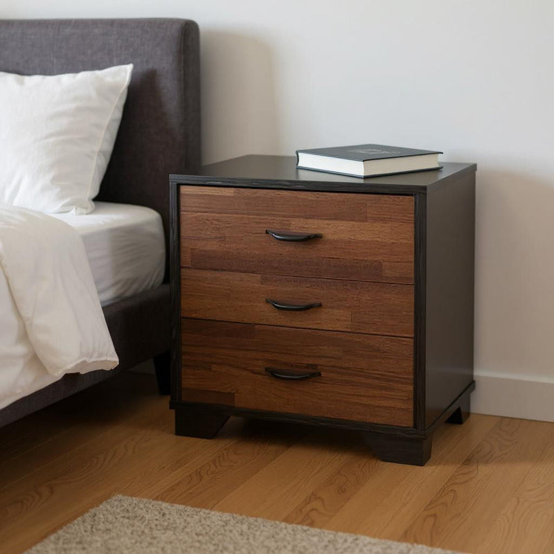 Three Drawer Wood Nightstand - Espresso And Walnut Brown