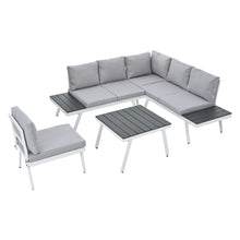 Load image into Gallery viewer, TOPMAX Industrial 5-Piece Aluminum Outdoor Patio Furniture Set, Modern Garden Sectional Sofa Set with End Tables, Coffee Table and Furniture Clips for Backyard, White+Grey
