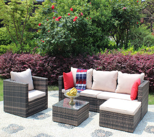 Rattan Patio Furniture Set Wicker Sofa Cushioned Sectional Furniture Set Garden Patio Sofa Set (4 Pieces, Brown)