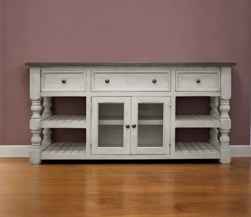 Solid Wood, Open Shelving Distressed TV Stand - Ivory