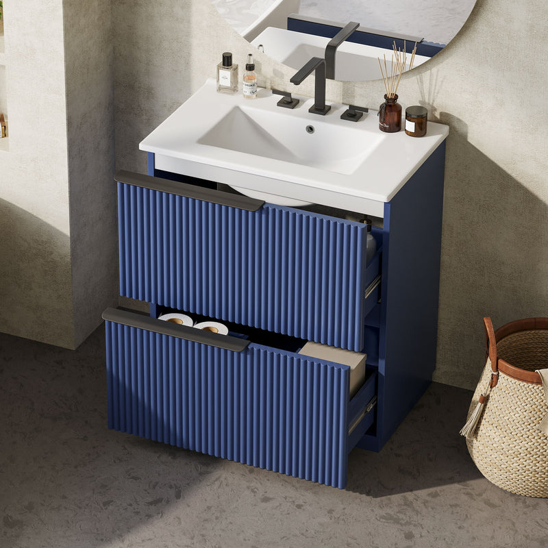 Fluted Bathroom Vanity With Ceramic Sink, Freestanding Cabinet