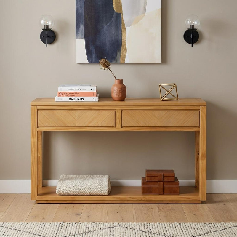 Floor Shelf Console Table With Shelf Two Drawers - Natural