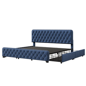 Upholstered Platform Bed Frame with Four Drawers, Button Tufted Headboard and Footboard Sturdy Metal Support, No Box Spring Required, Blue, King (Old sku: BS300277AAC)