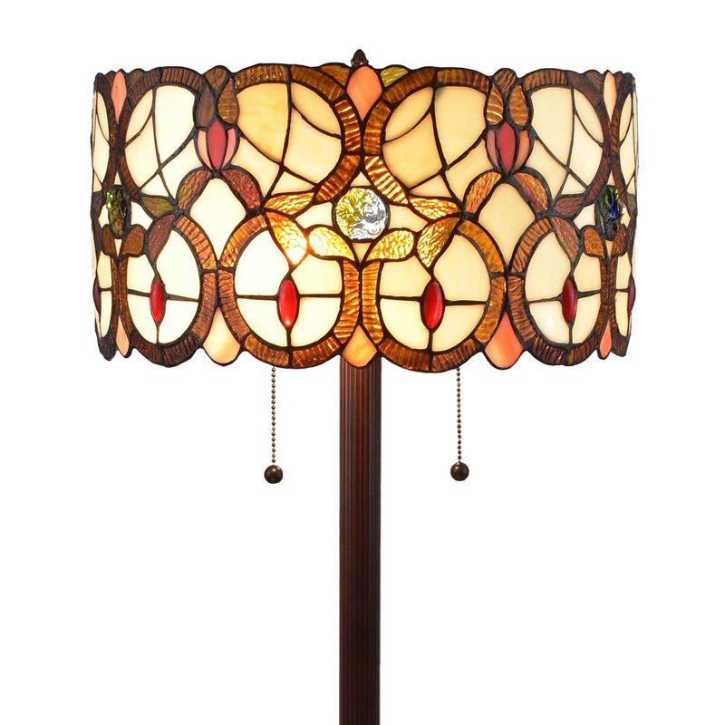 Two Light Traditional Shaped Floor Lamp With Brown And White Stained Glass Drum Shade - Brown