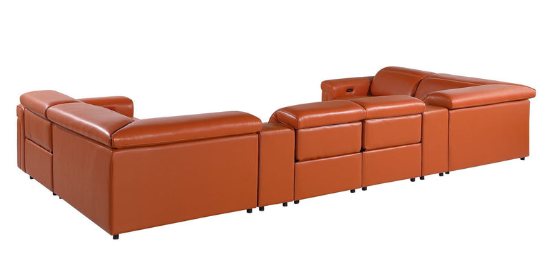 Italian Leather Power Reclining U Shaped Eight Piece Sectional With Console - Camel