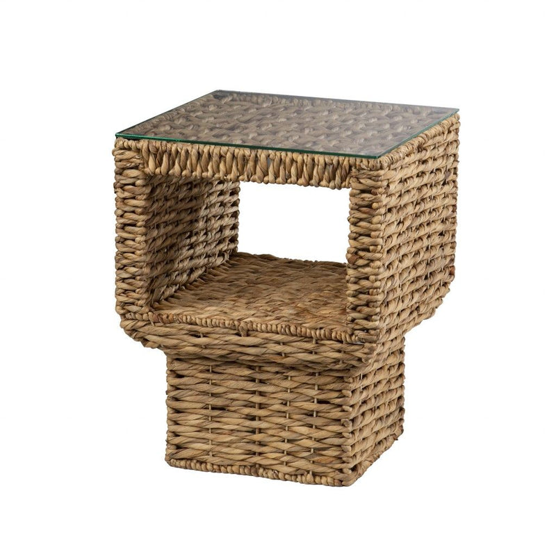 Glass And Rattan Wicker Square End Table - Clear / Brown
