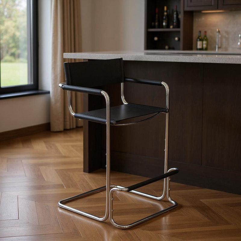 Leather Bar Height Bar Chair - Black / Silver