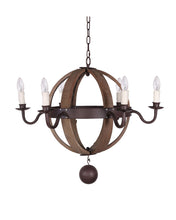 Load image into Gallery viewer, Wood And Metal Sphere Six Light Dimmable Chandelier - Brown
