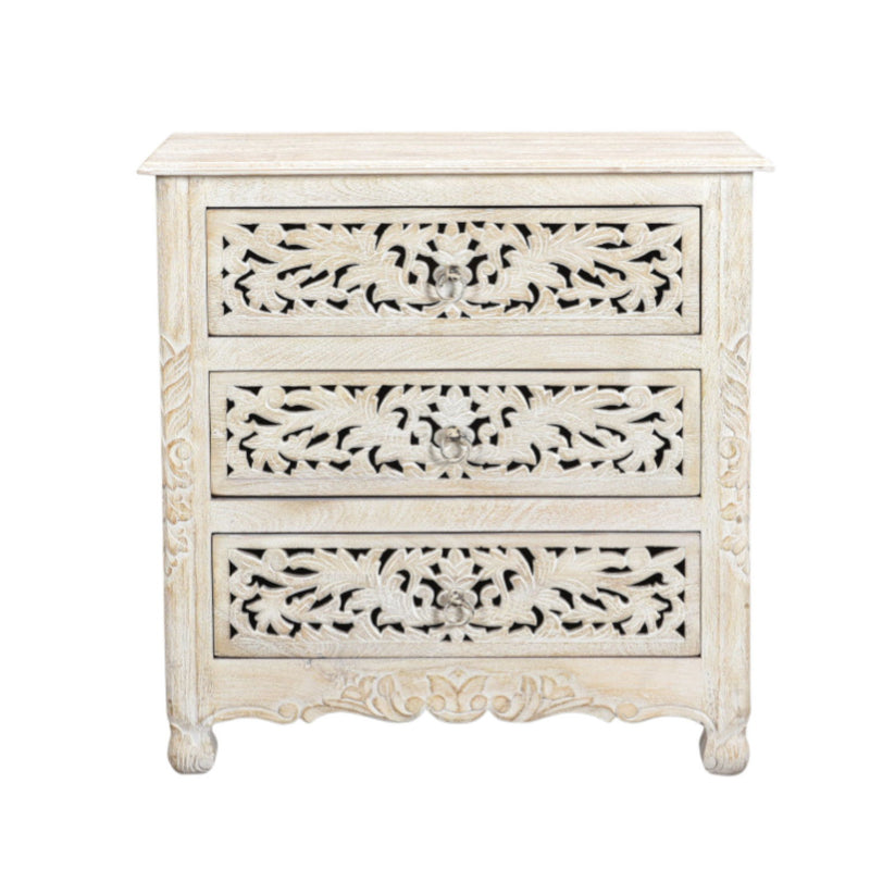 Three Drawer Floral Carved Solid Wood Nightstand - Distressed White