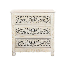 Load image into Gallery viewer, Three Drawer Floral Carved Solid Wood Nightstand - Distressed White

