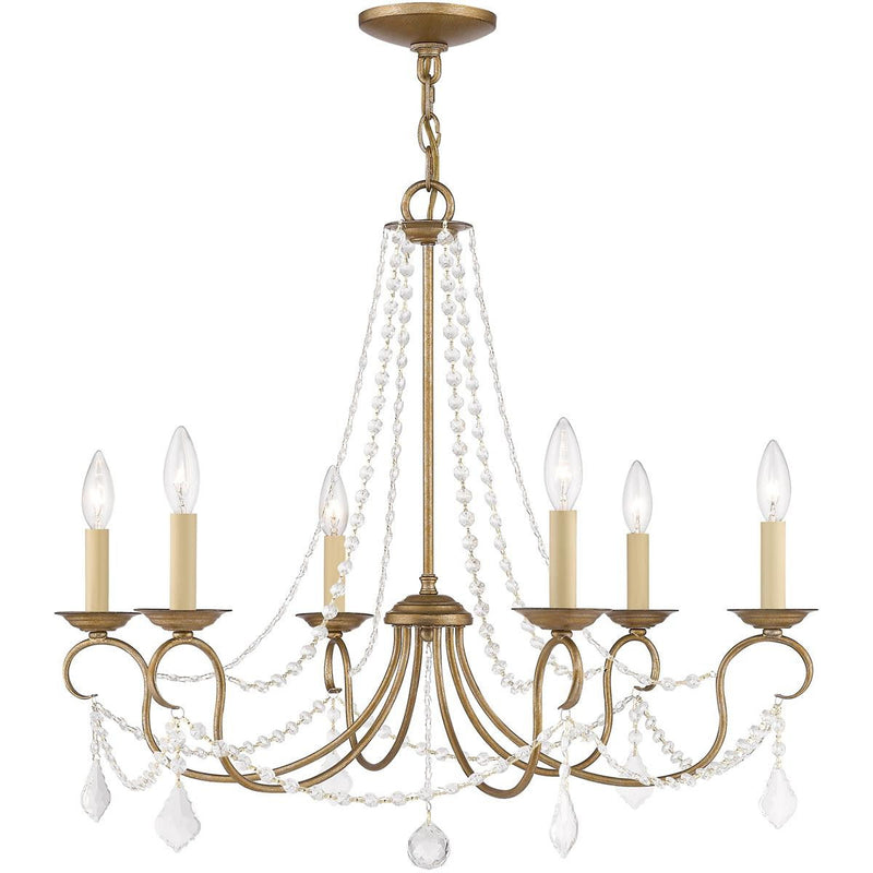 24" Six Light Dimmable Chandelier With Shades - Antiqued Gold