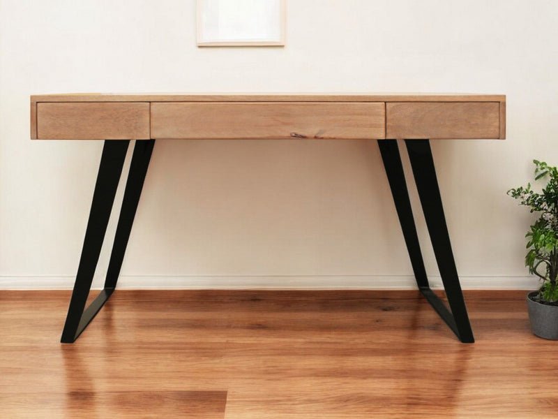 54" Solid Wood Writing Desk With Three Drawers - Natural And Black
