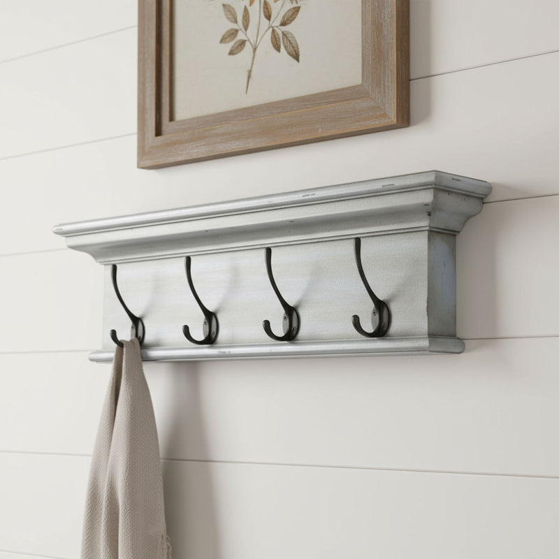 28" Solid Wood Four Hook Wall Mount Coat Rack - Black / Blue