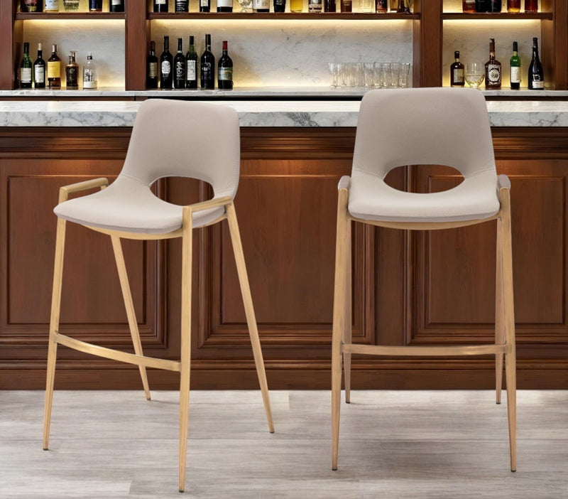 30" Faux Leather And Steel Low Back Bar Height Bar Chairs (Set of 2) - Beige / Gold