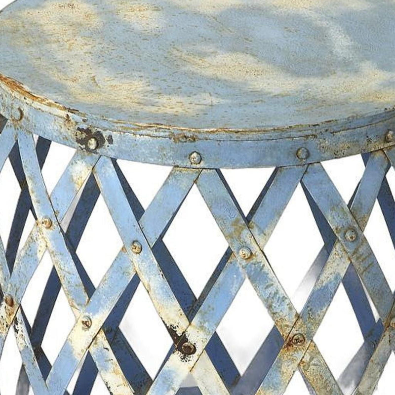 Rustic Iron Lattice Round Top End Table - Light Blue