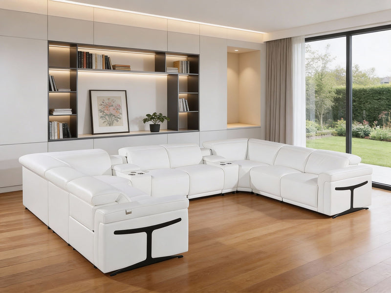Italian Leather Power Reclining U Shaped Ten Piece Corner Sectional With Console - White