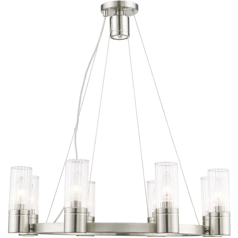 20" Eight Light Metal Dimmable Chandelier With Shades - Nickel / Clear
