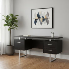 Load image into Gallery viewer, 60" Black and Silver Computer Desk With Three Drawers
