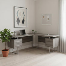 Load image into Gallery viewer, 71" Taupe and Silver L Shape Computer Desk With Three Drawers
