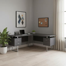 Load image into Gallery viewer, 71" Taupe and Silver L Shape Computer Desk With Three Drawers
