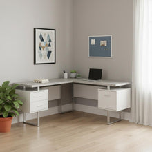 Load image into Gallery viewer, 71" Taupe and Silver L Shape Computer Desk With Three Drawers

