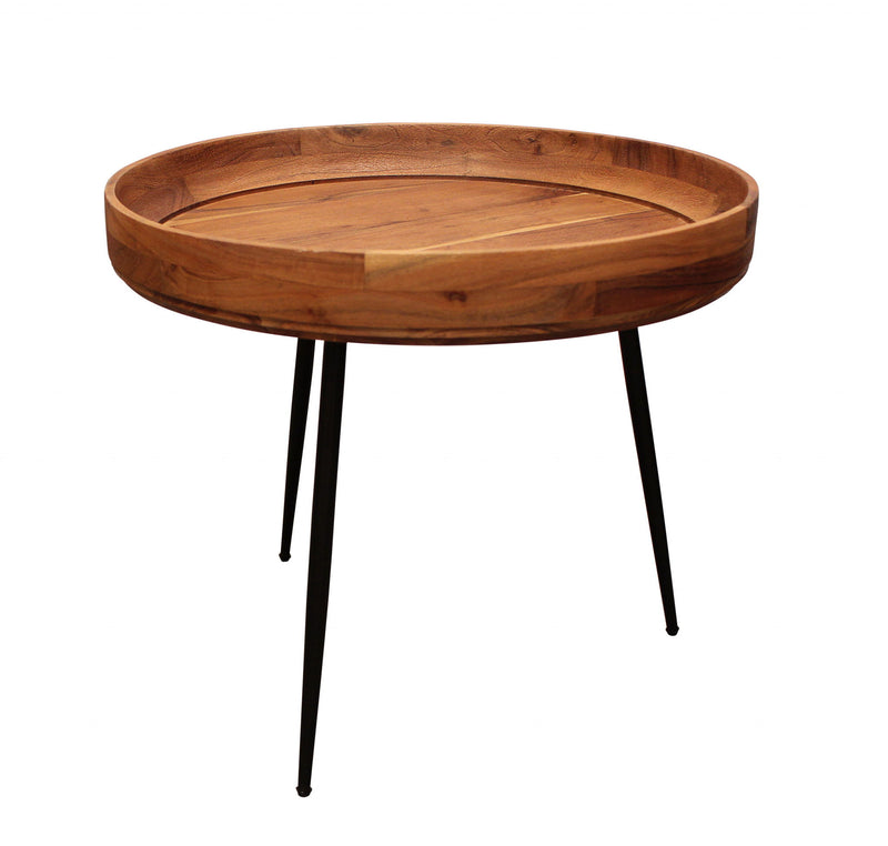18" Solid Wood And Iron Round End Table - Black And Natural Brown