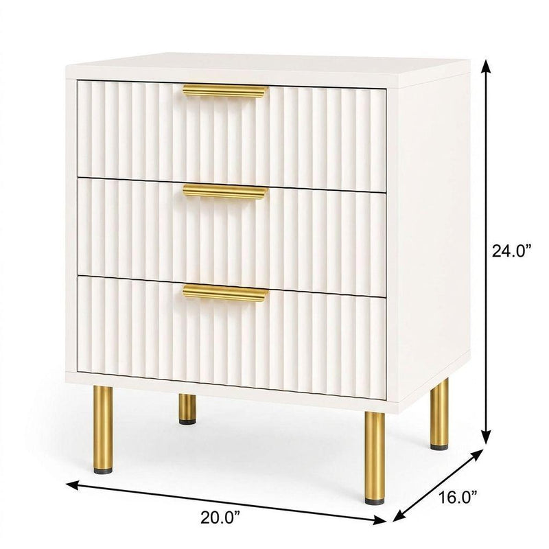 Wood Ribbed Texture Three Drawer Nightstand - White
