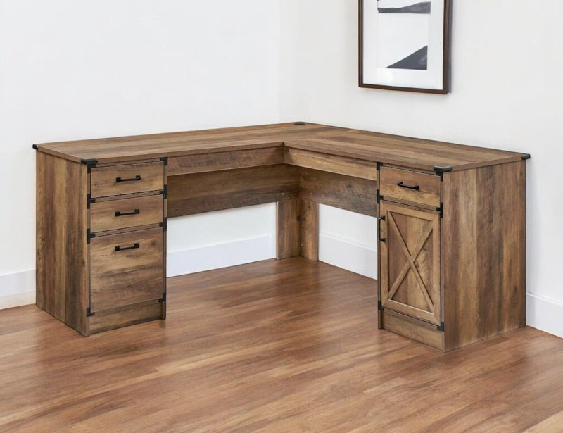 64" Wood L Shape Executive Desk With Four Drawers - Oak