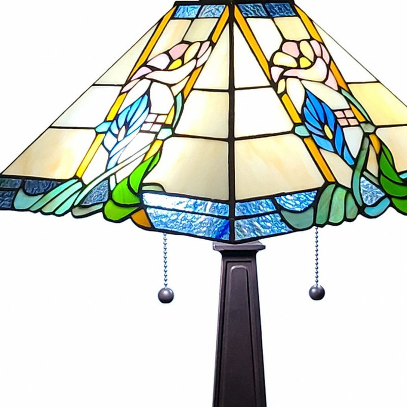 Metal Two Light Candlestick Table Lamp With Blue And Beige Shade - Dark Brown