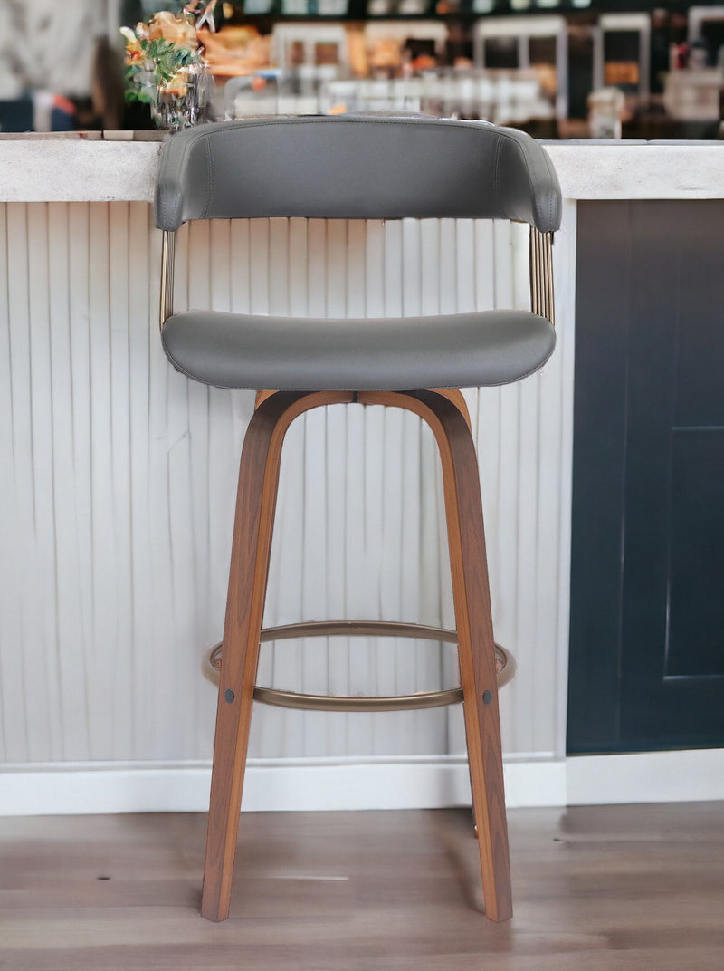 31" Faux Leather Swivel Bar Height Bar Chair - Gray And Wood Brown
