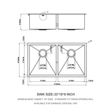 Load image into Gallery viewer, Undermount Double Bowl Kitchen Sink 16 Gauge With 9" Deep Basin - Brushed Nickel
