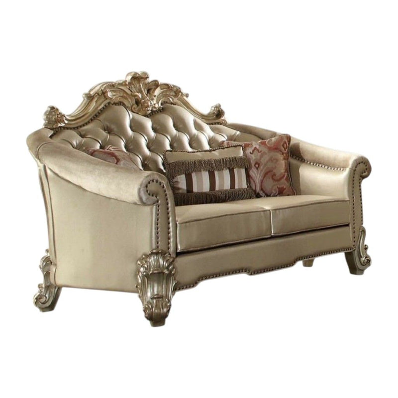 Faux Leather Loveseat And Toss Pillows - Gold / Bone