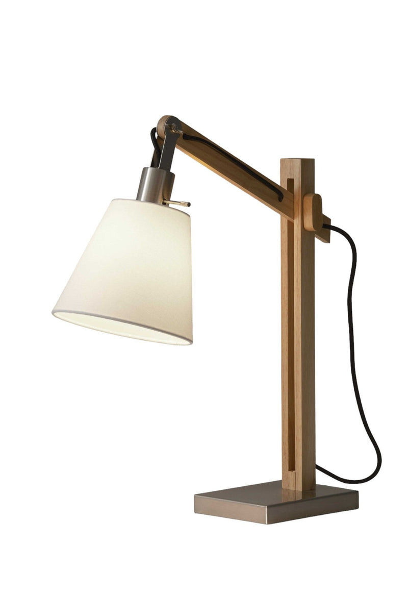 Adjustable Height Table Lamp With White Bell Shade - Natural Wood