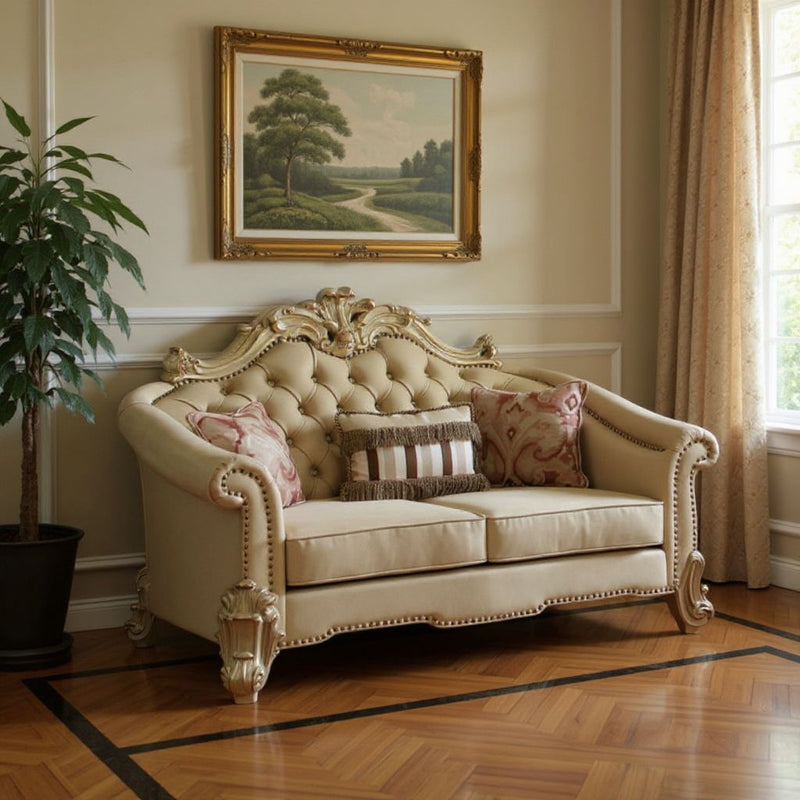 Faux Leather Loveseat And Toss Pillows - Gold / Bone