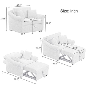 Chenille Convertible Sleeper Chair With Adjustable Backrest, 3 In 1 Lounger Chair Turns Into Bed, Single Bed For Living Room