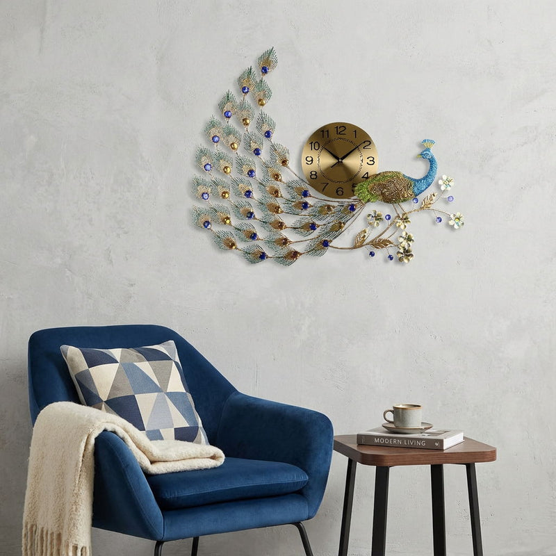 Silent Analog Peacock Novelty Wall Clock (626366) - Gold / Blue / Green