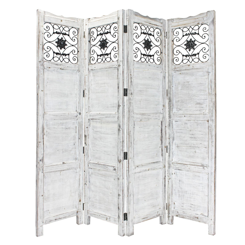 4 Panel With Scroll Work Room Divider Screen - Gray Wash