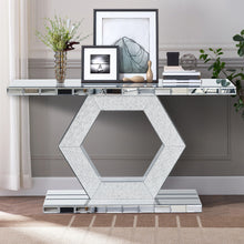 Load image into Gallery viewer, Sparkling Crystal Hexagon Mirror Entryway Premium Modern Foyer Console Table With Diamond Glass Effects, Dual Tier Luxury Sofa Table - Silver
