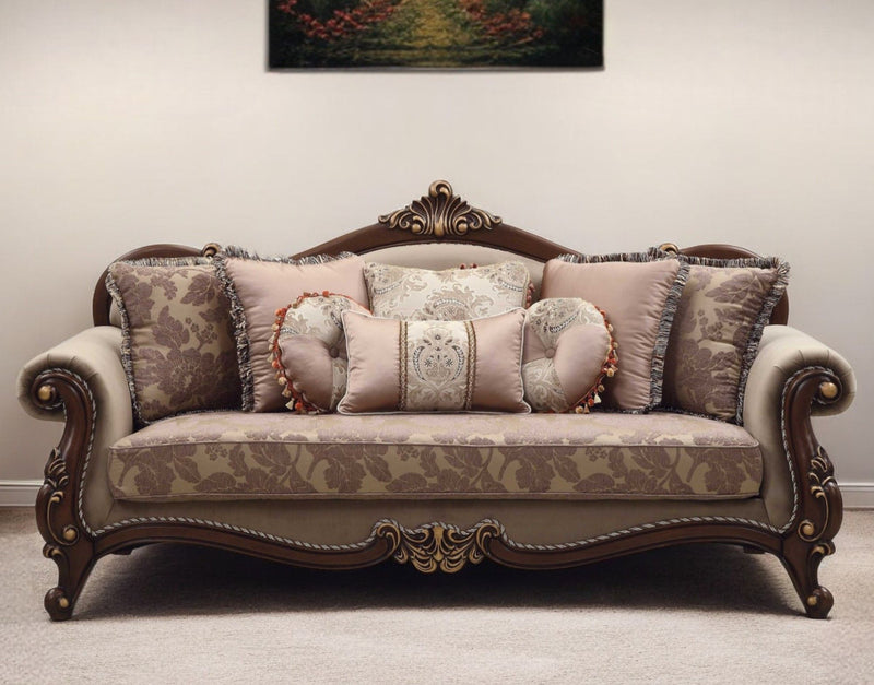 Polyester Blend Curved Floral Sofa And Toss Pillows With Brown Legs - Beige