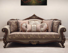 Load image into Gallery viewer, Polyester Blend Curved Floral Sofa And Toss Pillows With Brown Legs - Beige
