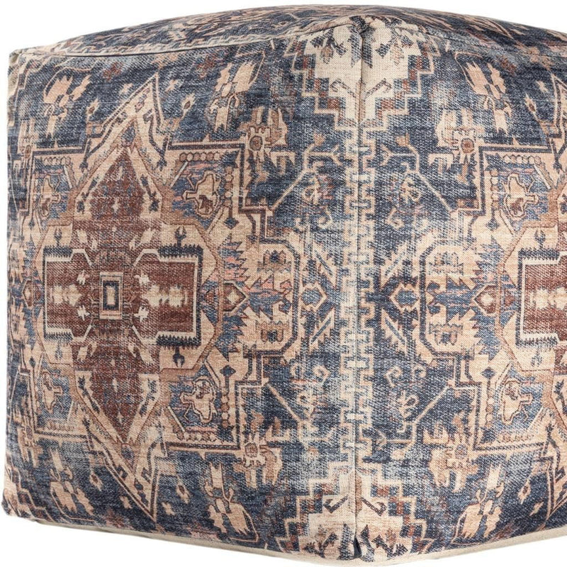 Upholstered Medallion Pouf Ottoman - Terra Cotta / Navy Blue