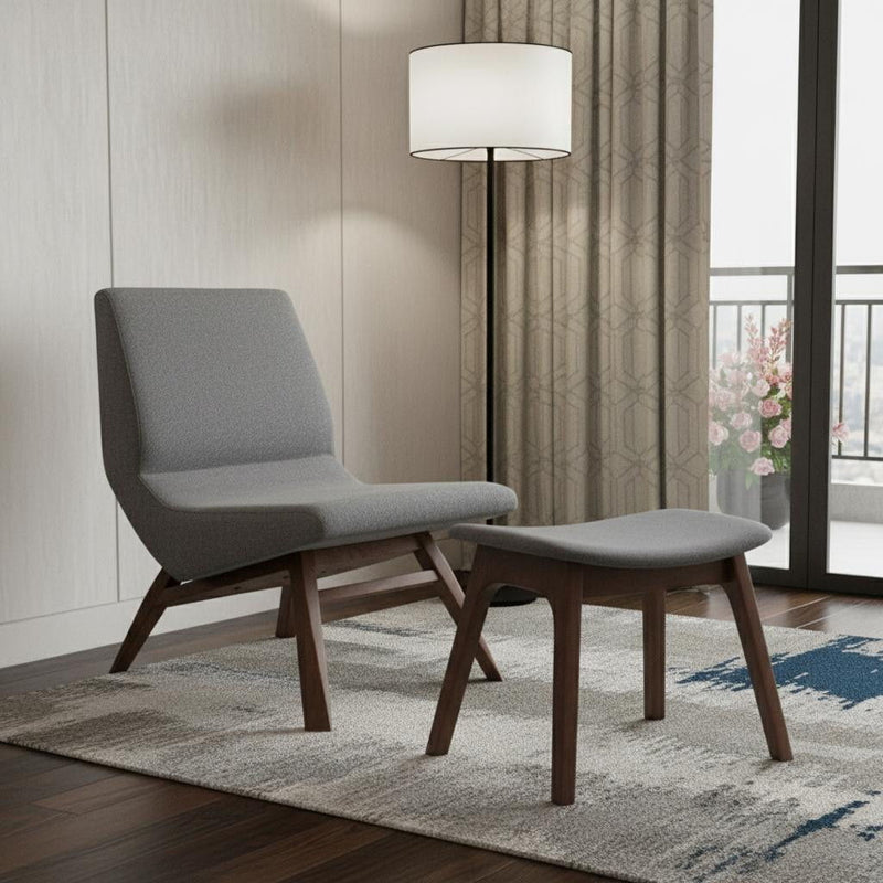 Solid Color Lounge Chair With Ottoman - Gray And Walnut