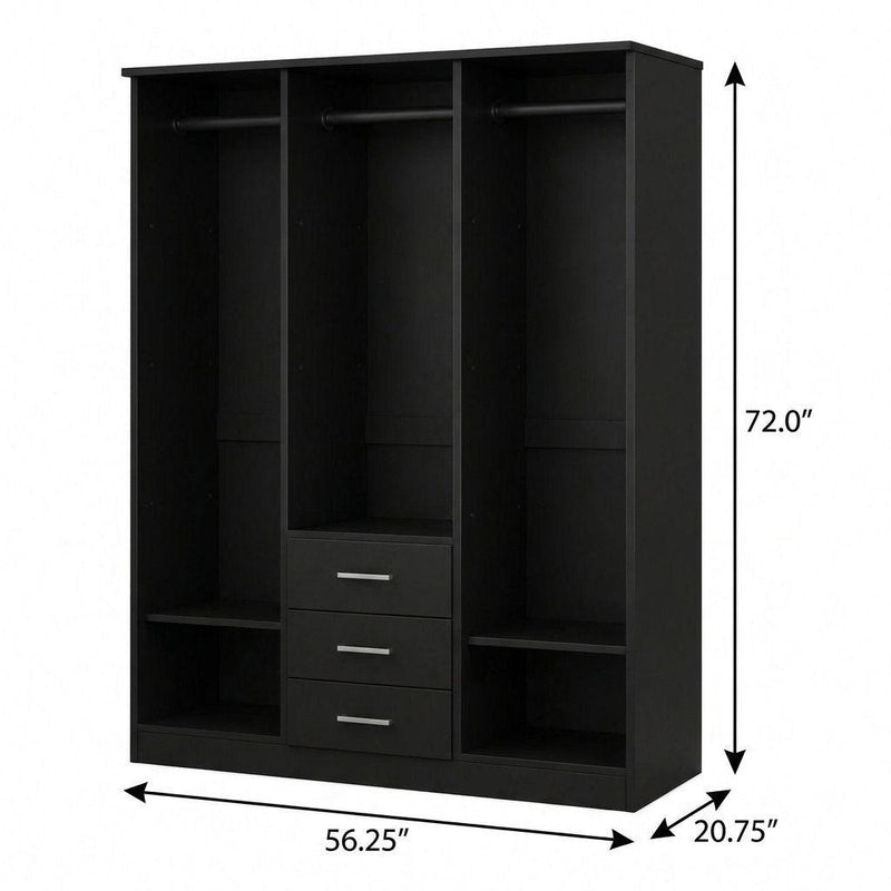Solid Wood Mirrored Three Door Three Drawer Combo Dresser - Black