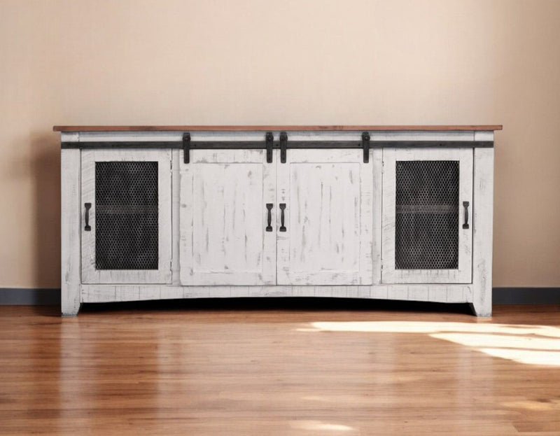 Solid Wood Cabinet Enclosed, Storage Distressed TV Stand - White