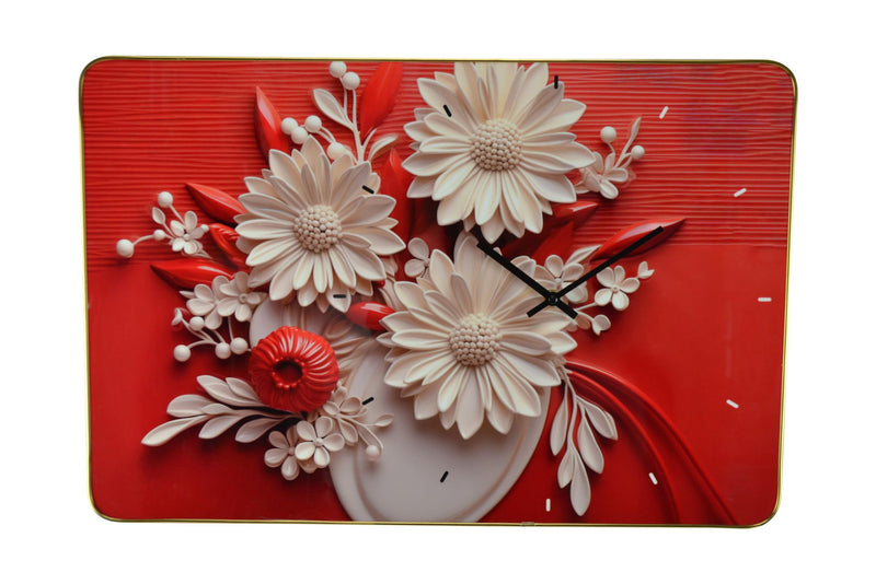 Silent Analog Floral Wall Clock - White / Red / Black