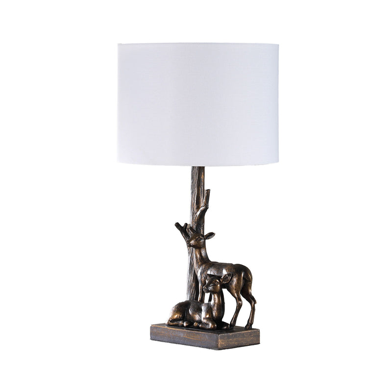 Mom And Baby Deer Table Lamp With White Drum Shade - Bronze