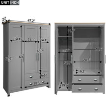 Load image into Gallery viewer, 3 Door Storage Wardrobe With Cabinets And 2 Hanging Rods - Gray
